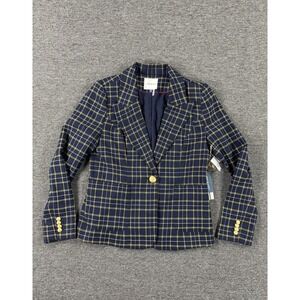 Court Rowe‎ Blazer Womens 6 Navy Plaid Gold Buttons Notch Lapel Lined Preppy